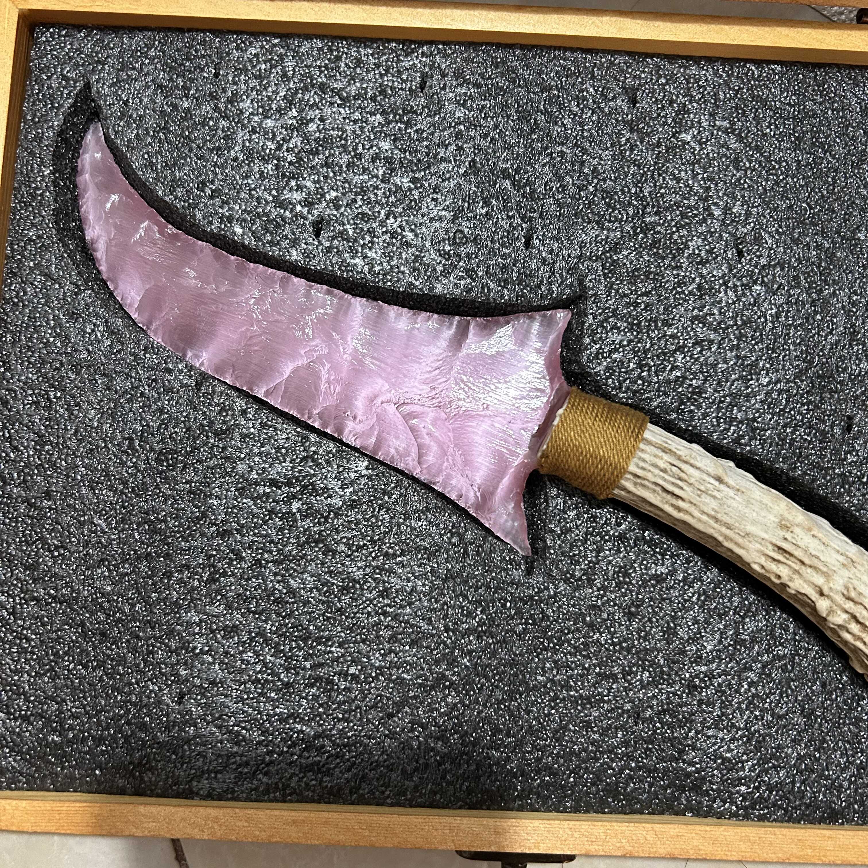 Pink Cat’s Eye Stone Irregular Hunting Knife with White Antler Handle