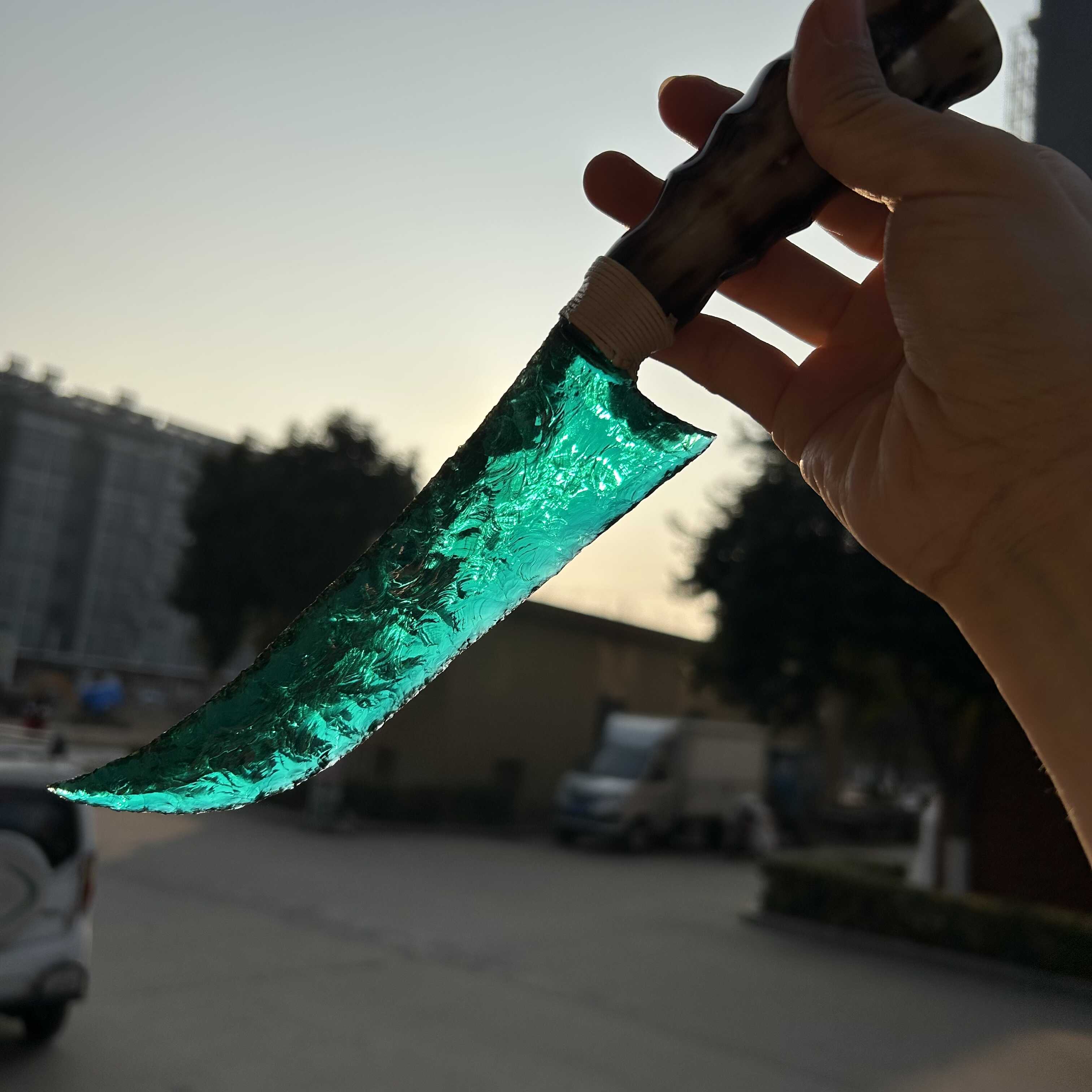 Green Glass Hunting Knife with Ram Horn Handle