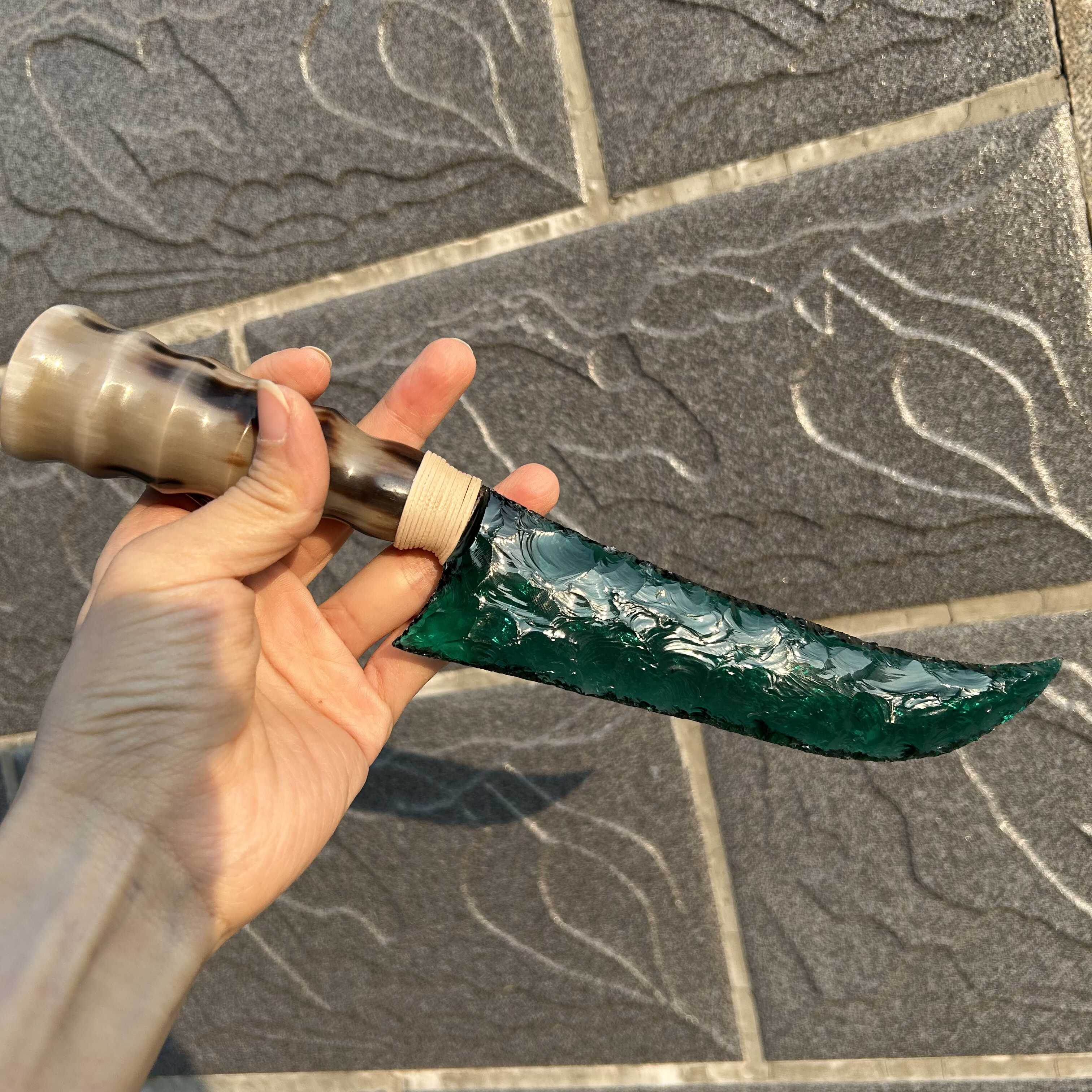 Green Glass Hunting Knife with Ram Horn Handle