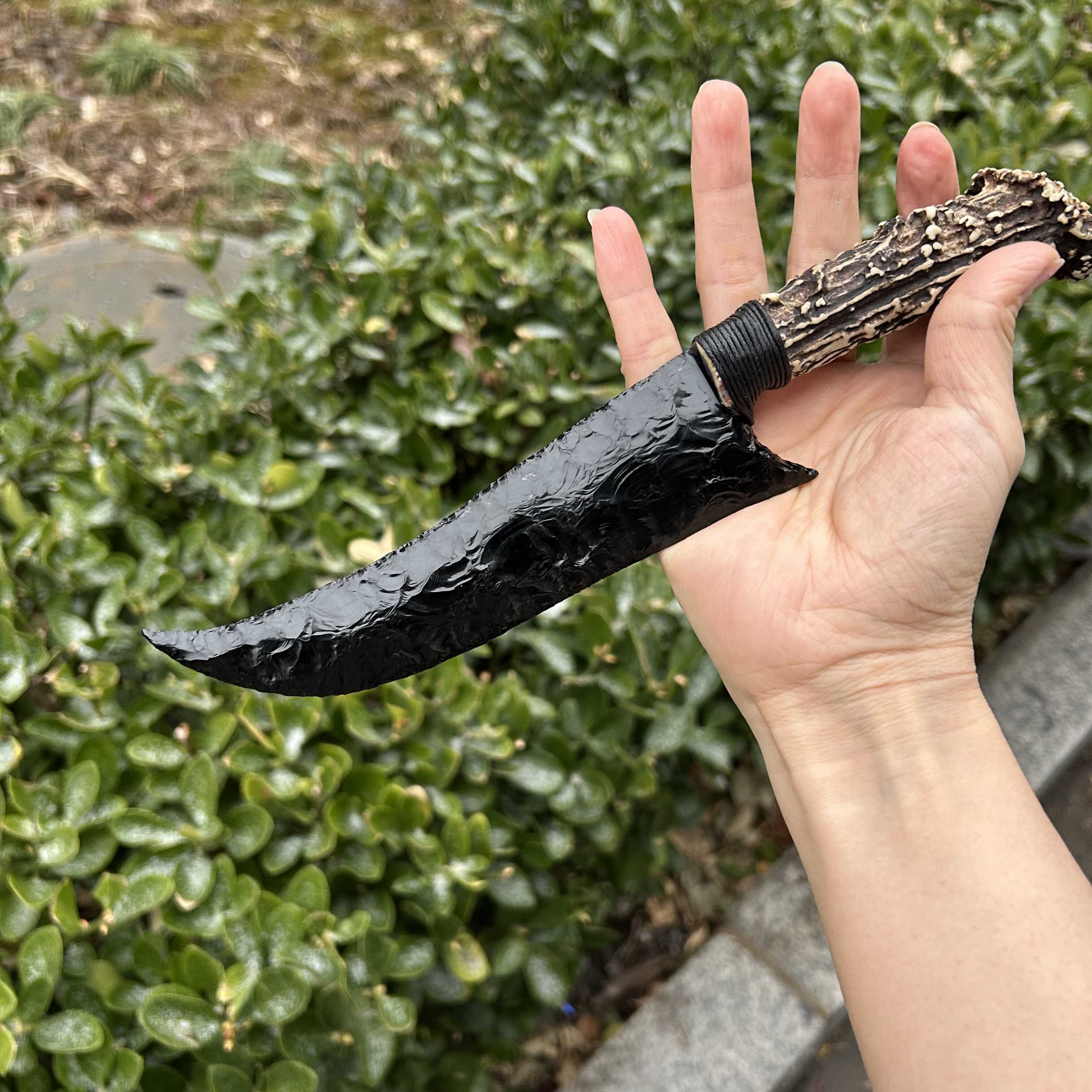 Obsidian Hunting Knife with White Antler Handle