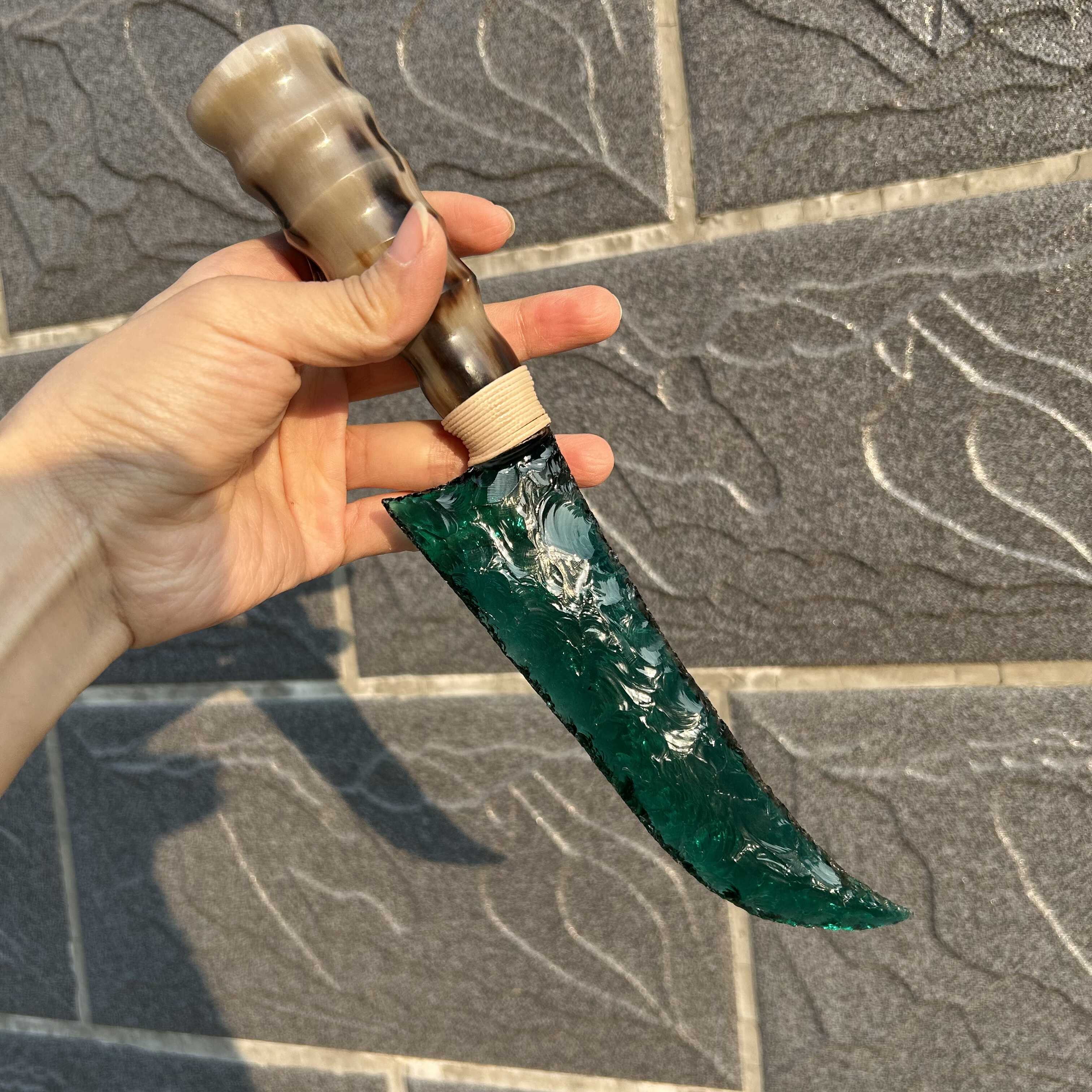 Green Glass Hunting Knife with Ram Horn Handle