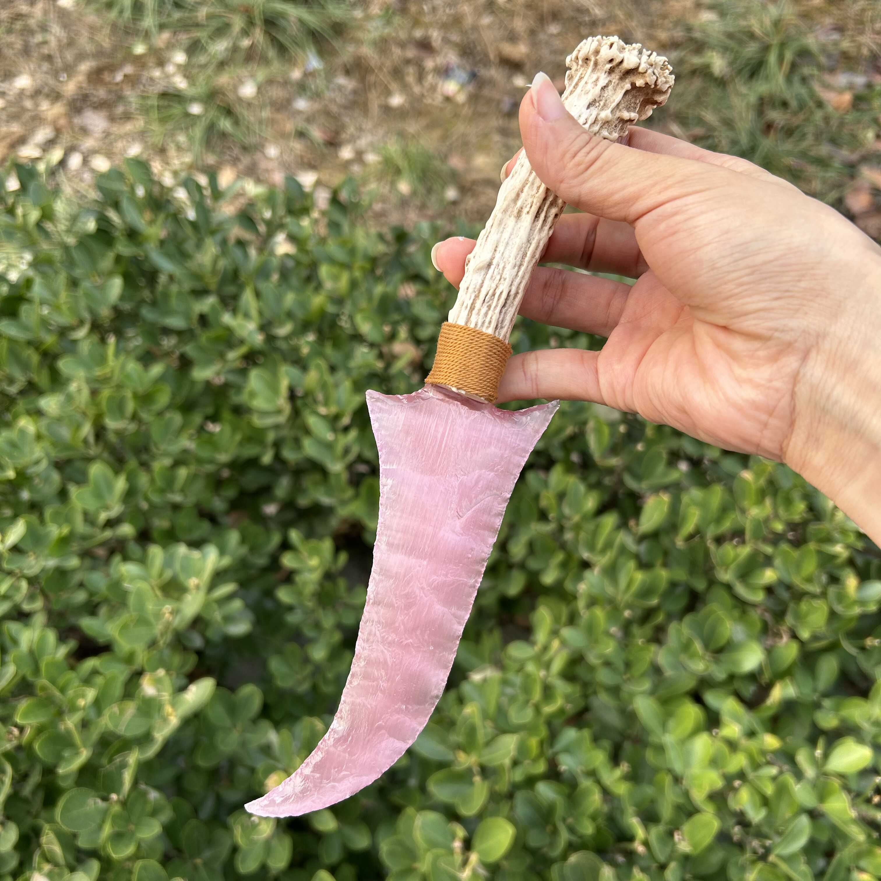 Pink Cat’s Eye Stone Irregular Hunting Knife with White Antler Handle