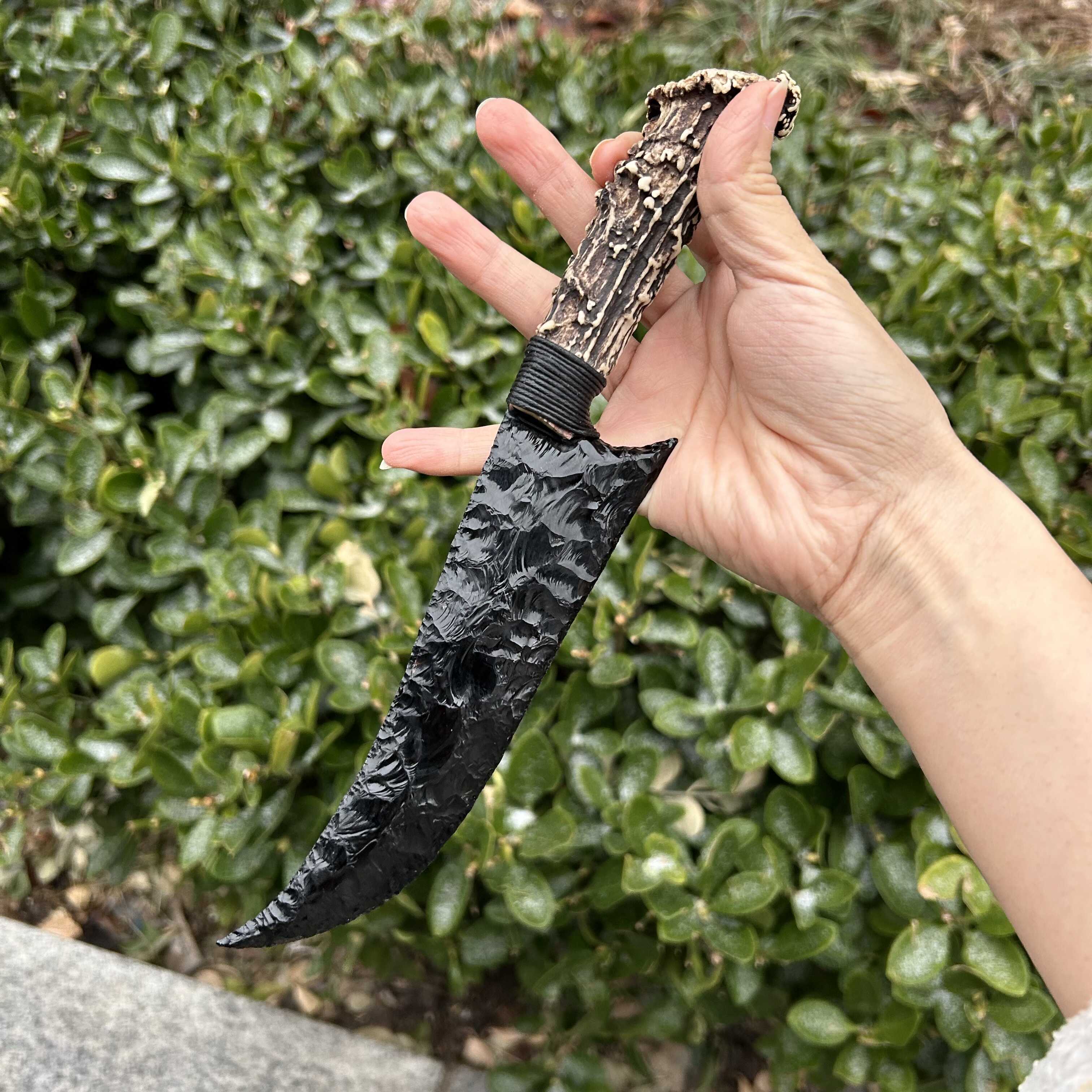 Obsidian Hunting Knife with White Antler Handle