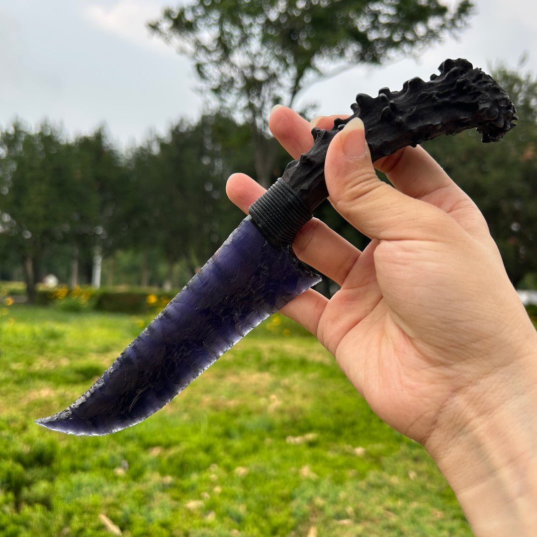 Black Purple Cat’s Eye Stone Hunting Knife with Black Antler Handle