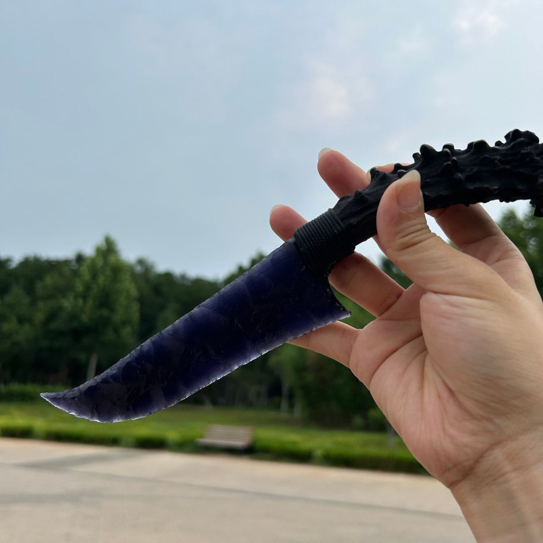 Black Purple Cat’s Eye Stone Hunting Knife with Black Antler Handle