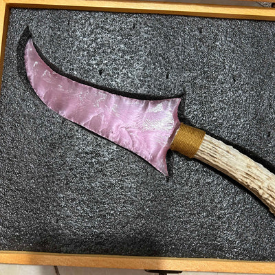 Pink Cat’s Eye Stone Irregular Hunting Knife with White Antler Handle