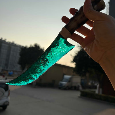 Green Glass Hunting Knife with Ram Horn Handle