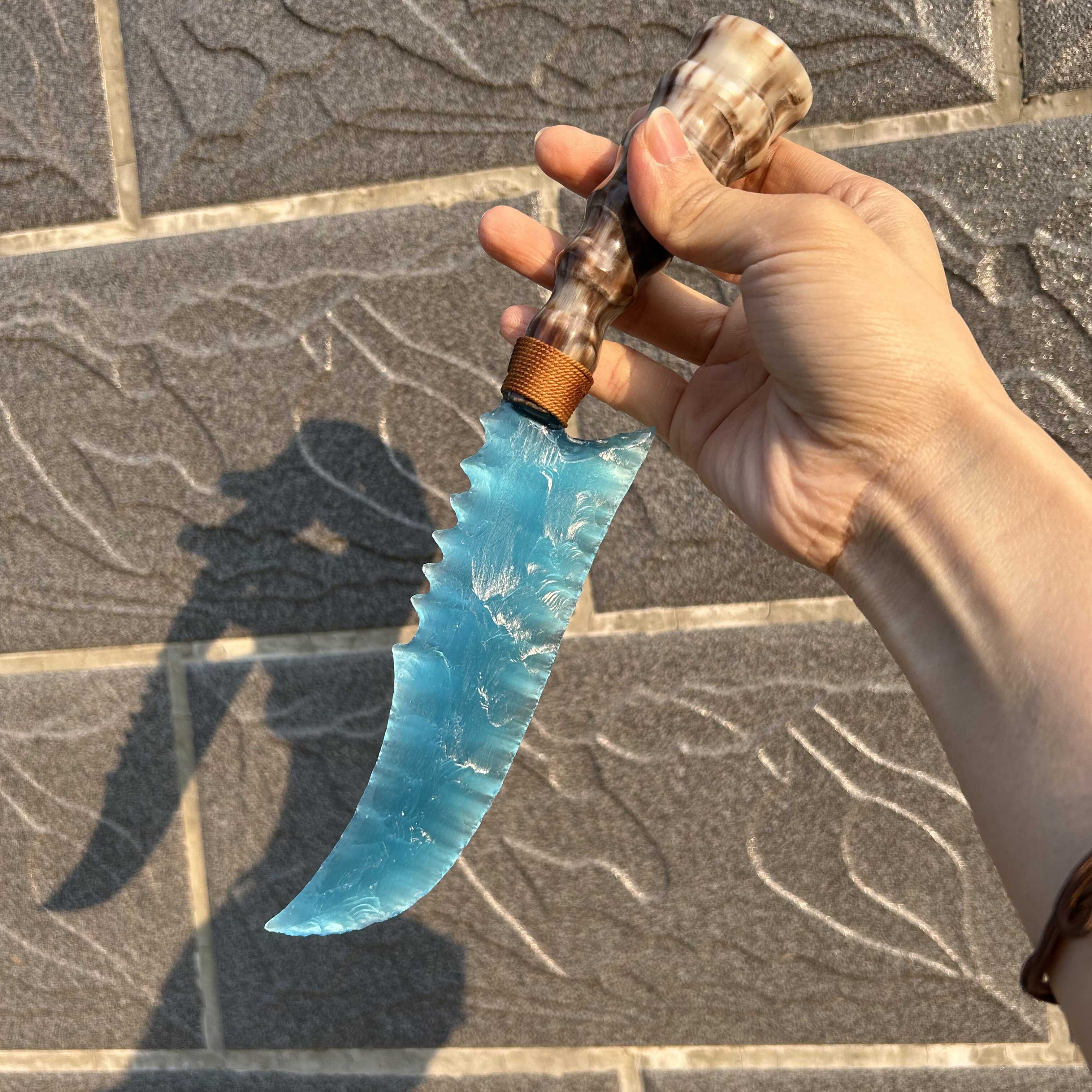 Peacock Blue Cat’s Eye Stone Irregular Hunting Knife with Antler Handle