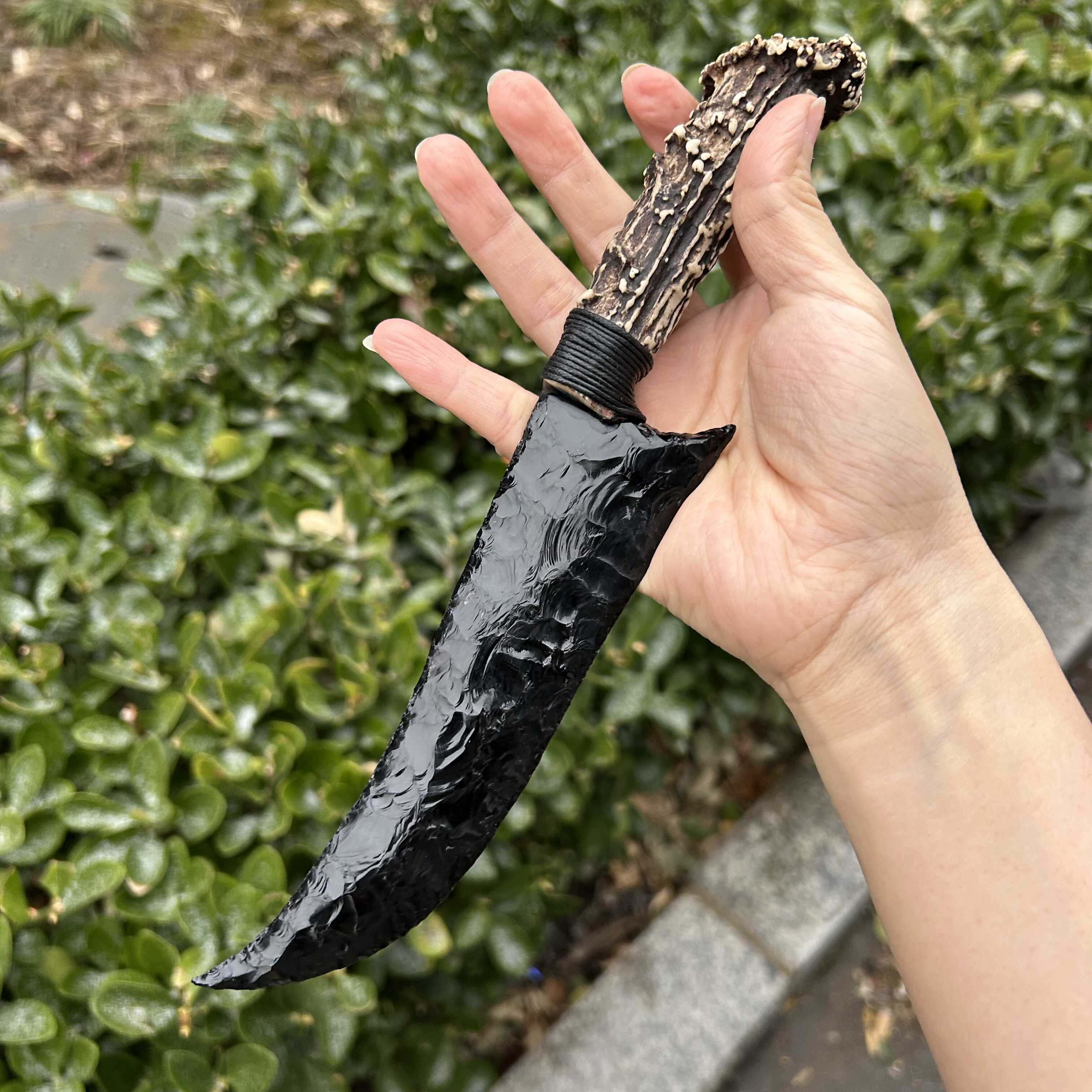 Obsidian Hunting Knife with White Antler Handle
