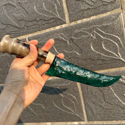 Green Glass Hunting Knife with Ram Horn Handle