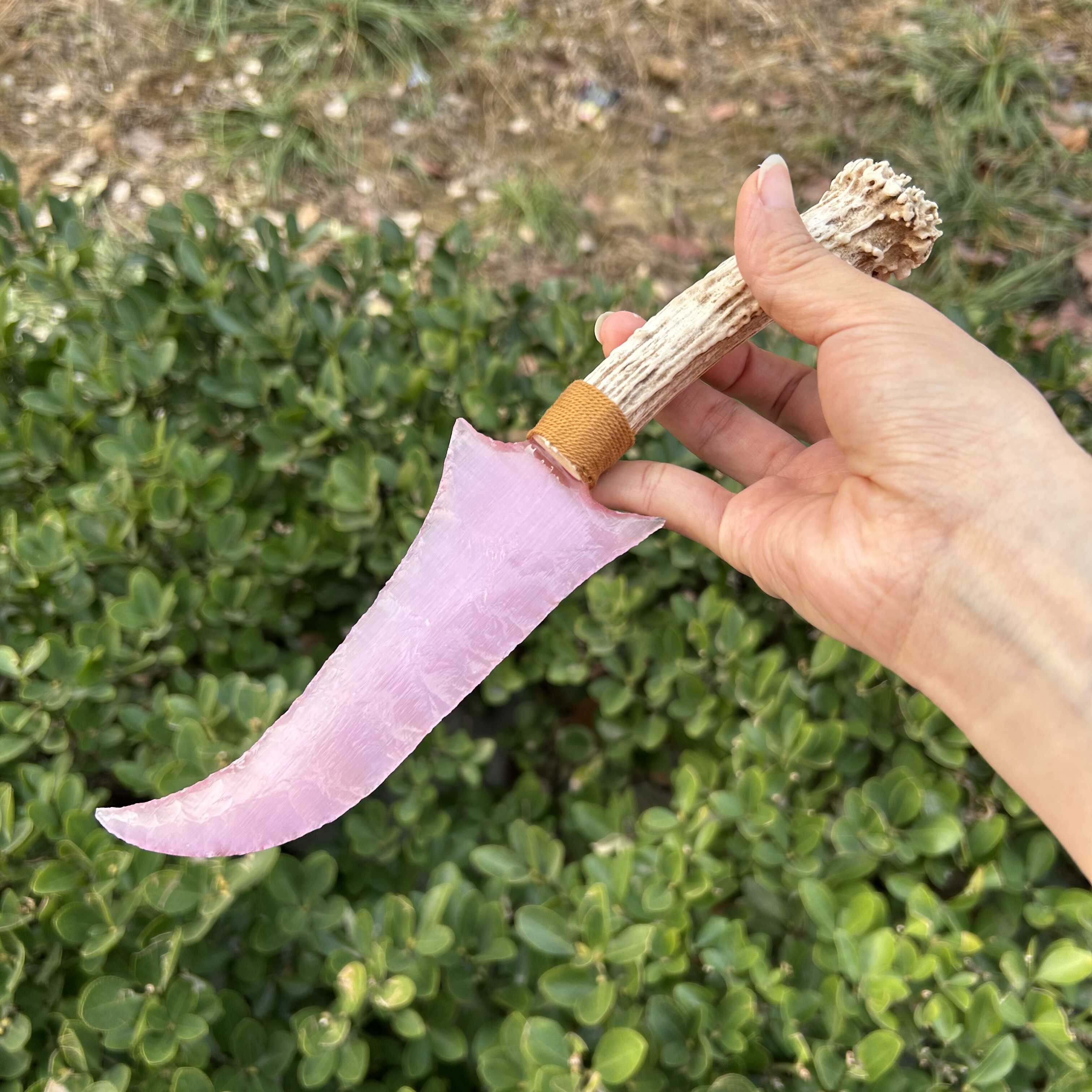 Pink Cat’s Eye Stone Irregular Hunting Knife with White Antler Handle