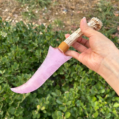 Pink Cat’s Eye Stone Irregular Hunting Knife with White Antler Handle