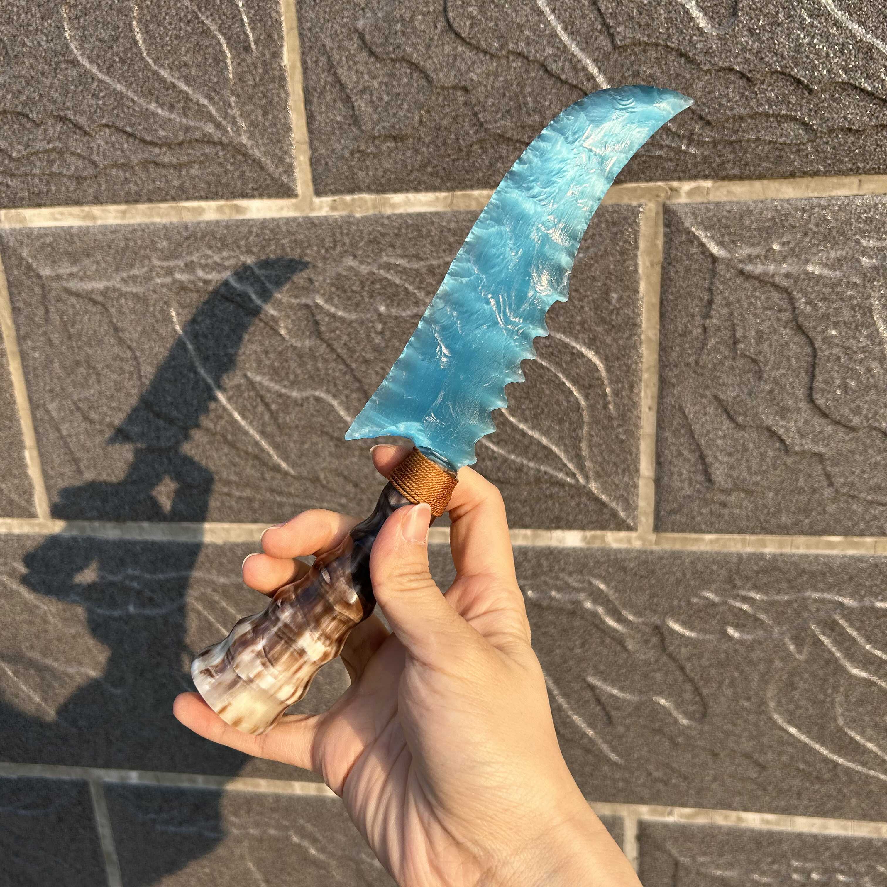 Peacock Blue Cat’s Eye Stone Irregular Hunting Knife with Antler Handle