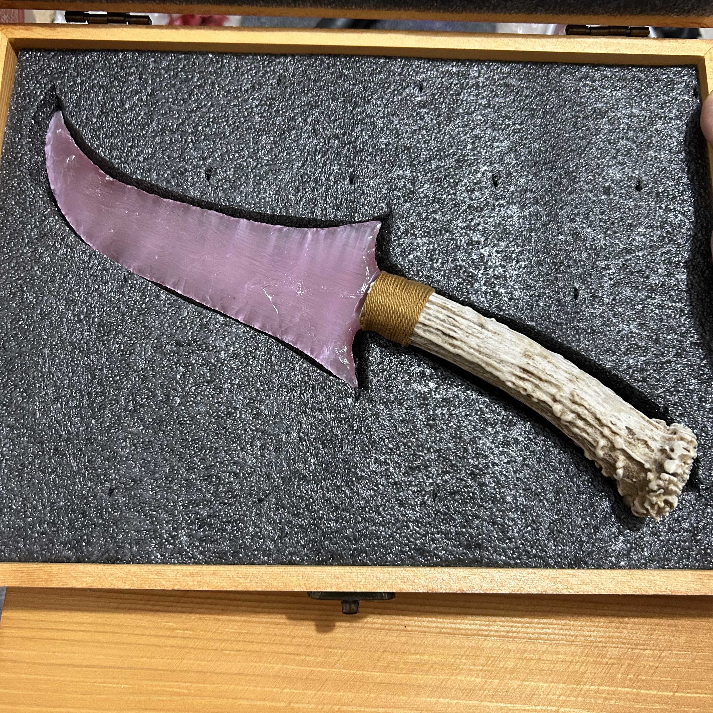 Pink Cat’s Eye Stone Irregular Hunting Knife with White Antler Handle