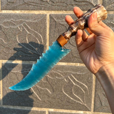 Peacock Blue Cat’s Eye Stone Irregular Hunting Knife with Antler Handle