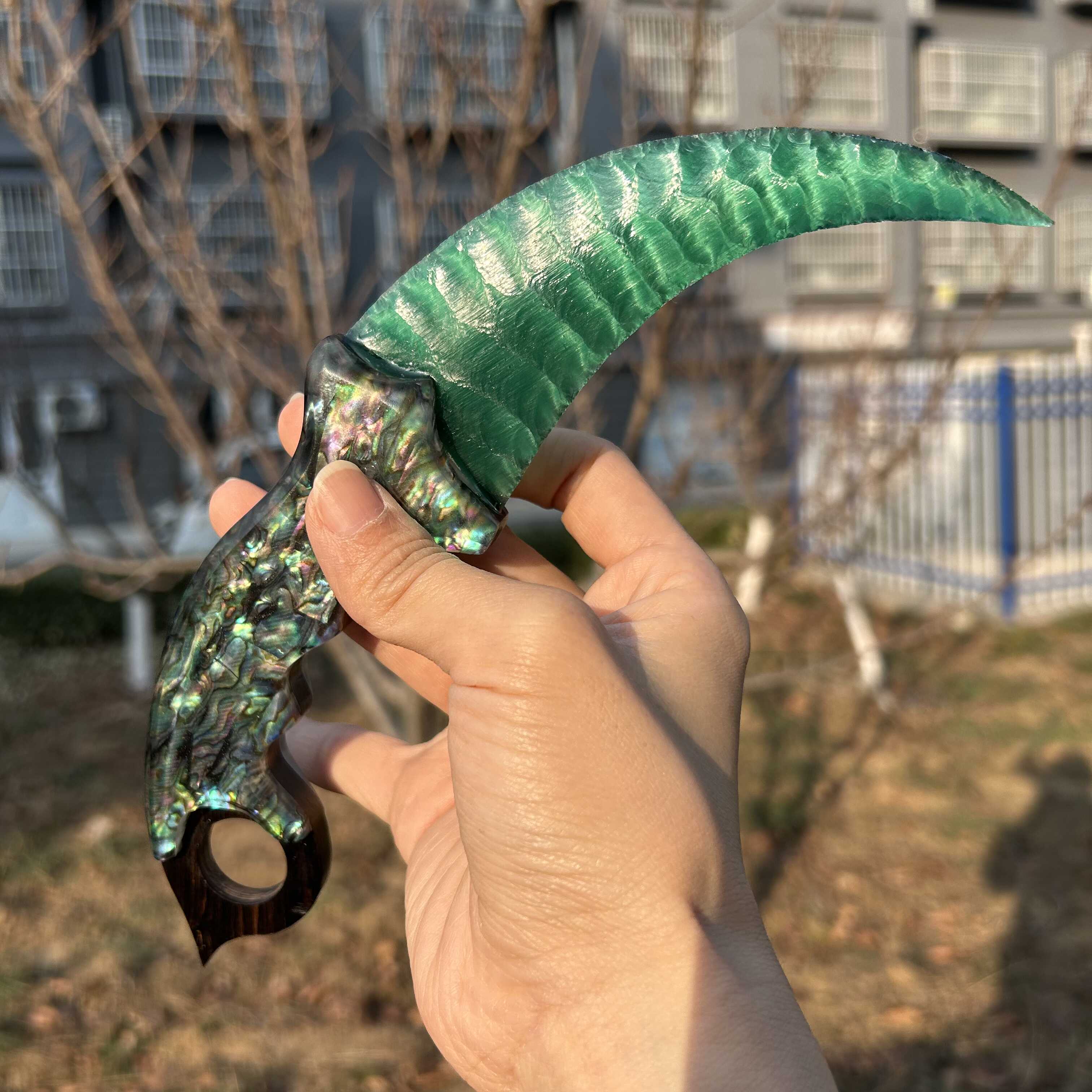 Green Cat’s Eye Stone Karambit with Abalone Shell Handle