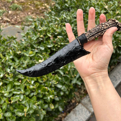 Obsidian Hunting Knife with White Antler Handle