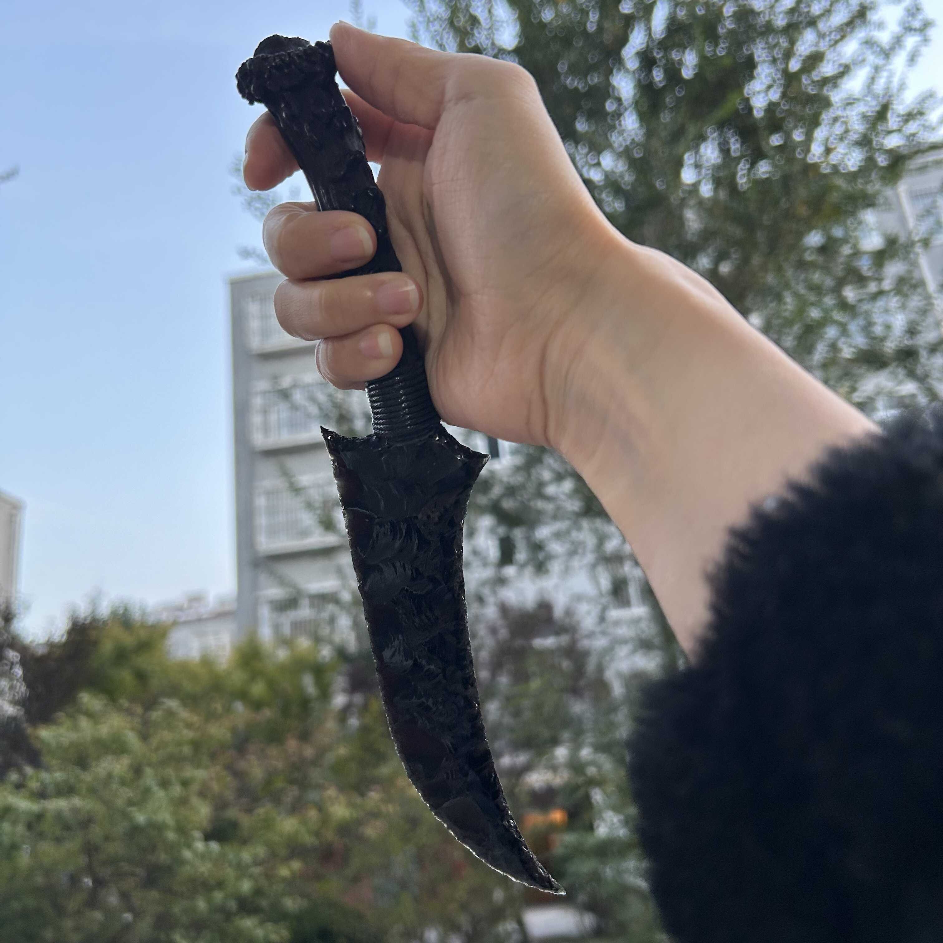Obsidian Irregular Hunting Knife with Black Antler Handle