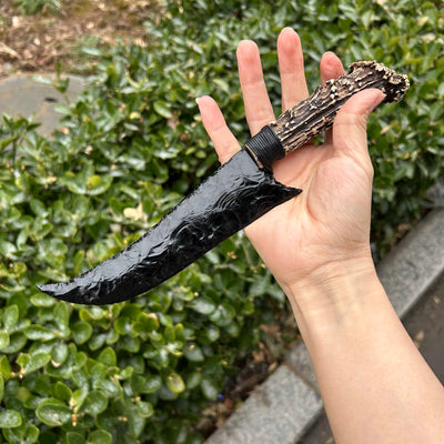 Obsidian Hunting Knife with White Antler Handle