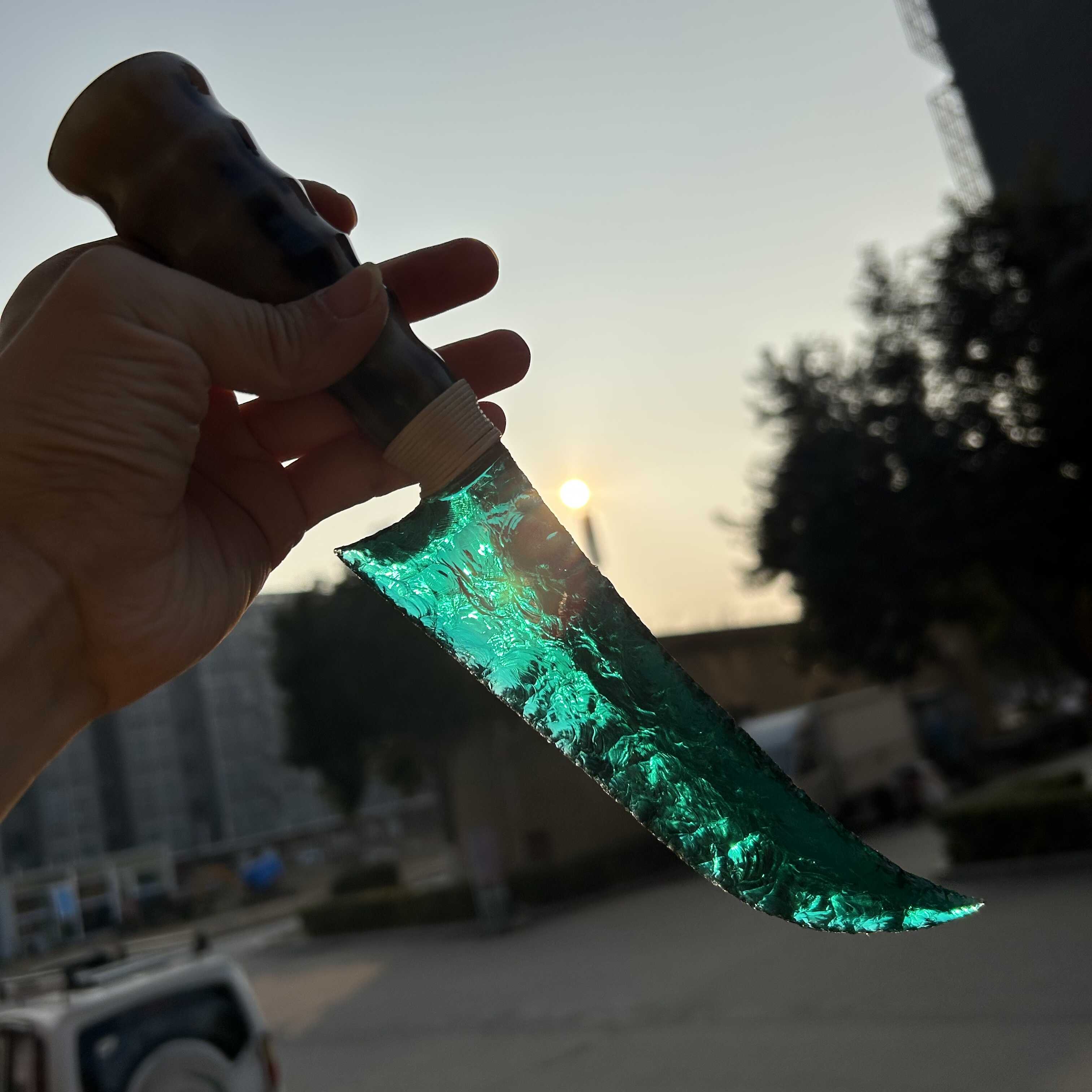 Green Glass Hunting Knife with Ram Horn Handle