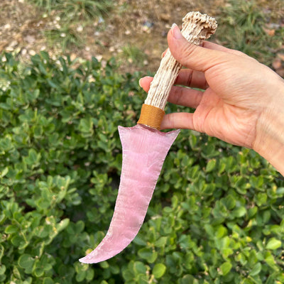 Pink Cat’s Eye Stone Irregular Hunting Knife with White Antler Handle