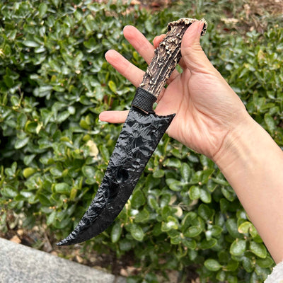 Obsidian Hunting Knife with White Antler Handle