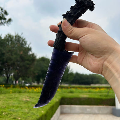 Black Purple Cat’s Eye Stone Hunting Knife with Black Antler Handle