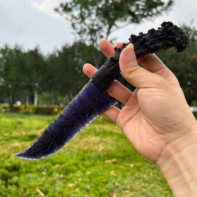 Black Purple Cat’s Eye Stone Hunting Knife with Black Antler Handle