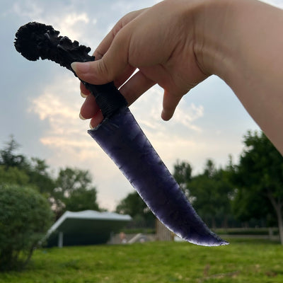 Black Purple Cat’s Eye Stone Hunting Knife with Black Antler Handle