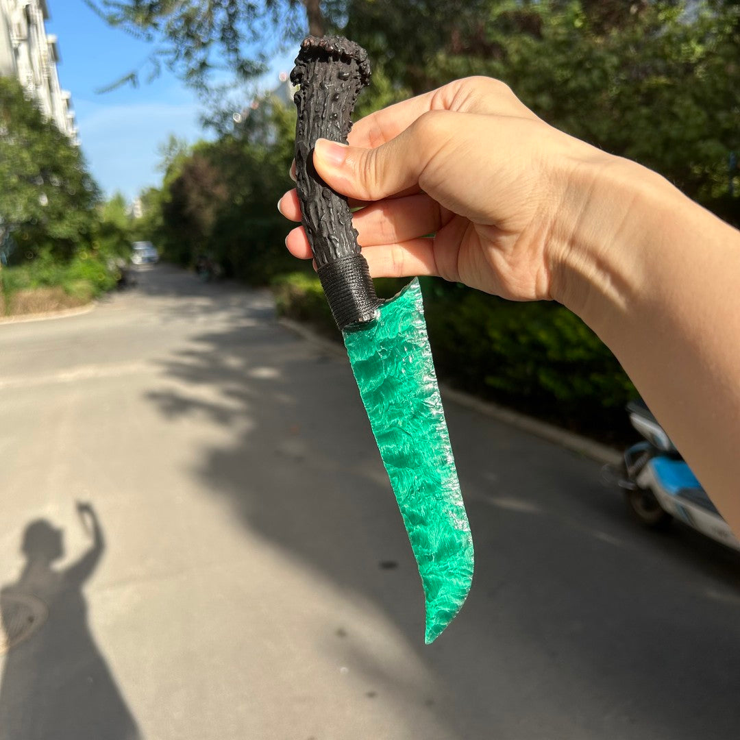 Green Cat’s Eye Stone Hunting Knife with Black Antler Handle