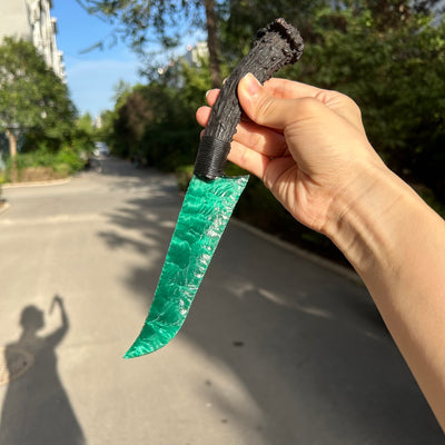 Green Cat’s Eye Stone Hunting Knife with Black Antler Handle