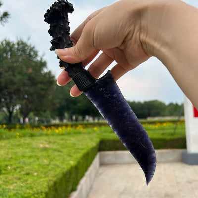 Black Purple Cat’s Eye Stone Hunting Knife with Black Antler Handle